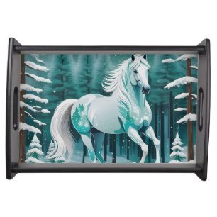 Green Silver Horse in Enchanted Forest  Serving Tray