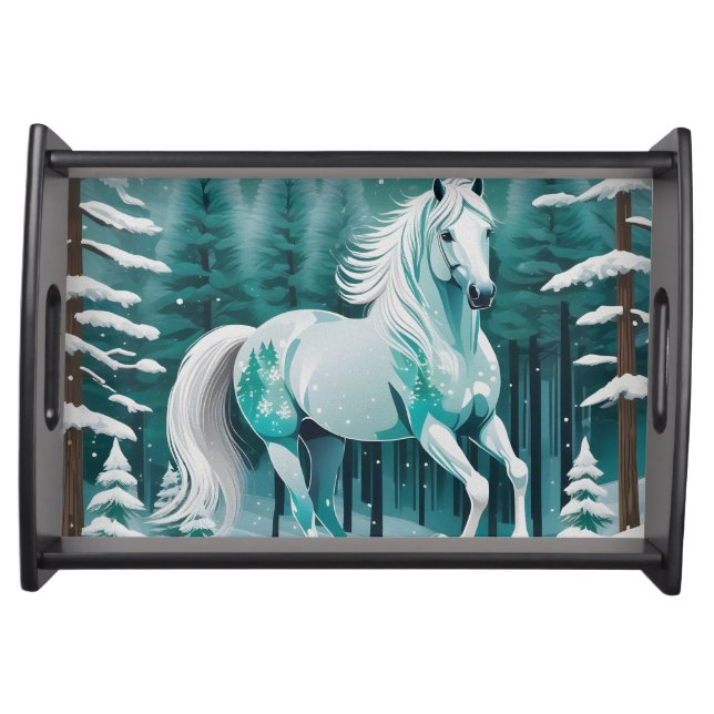 Green Silver Horse in Enchanted Forest  Serving Tray (Front)