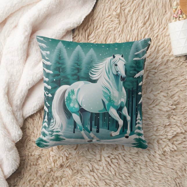 Green Silver Horse in Enchanted Forest  Throw Pillow (Blanket)