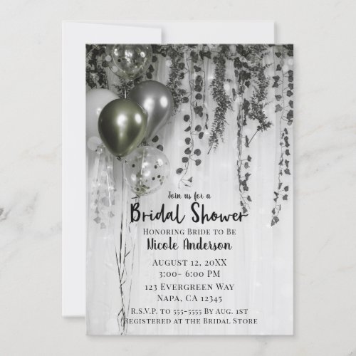 Green Silver Metallic Balloons Ivy Bridal Shower Invitation