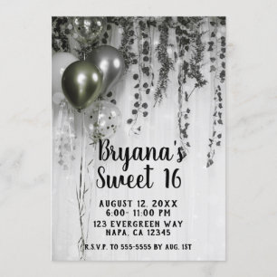 Green Silver Metallic Party Balloons Ivy Sweet 16 Invitation
