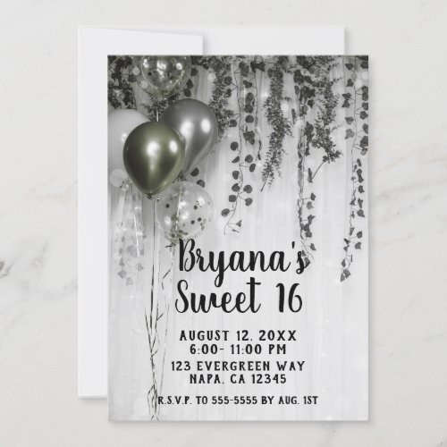 Green Silver Metallic Party Balloons Ivy Sweet 16 Invitation