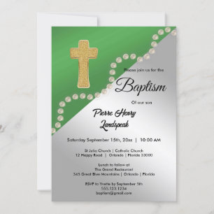 Green & Silver Metallic & Pearls Baptism Invitation