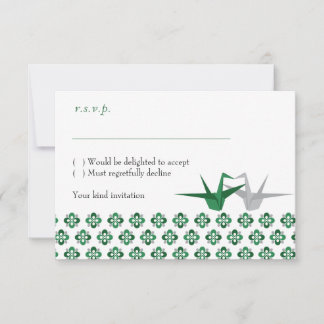 Green / Silver Origami Cranes Wedding RSVP Invitation