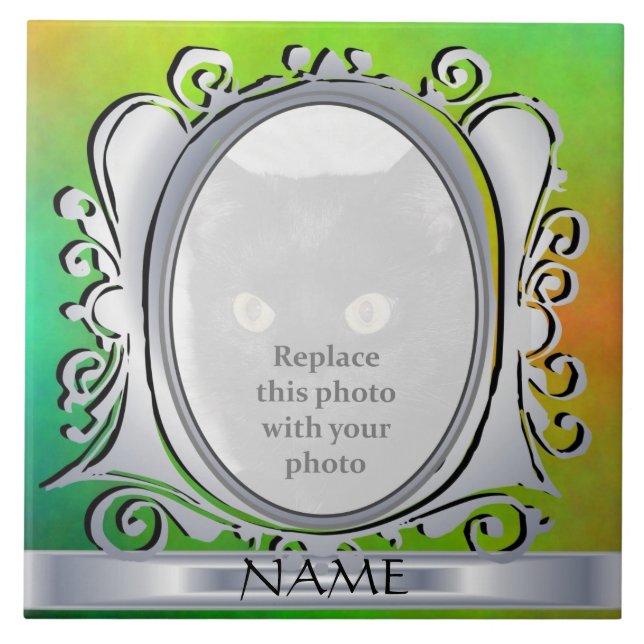 Green Silver Oval Photo Frame with Name Tile (Front)