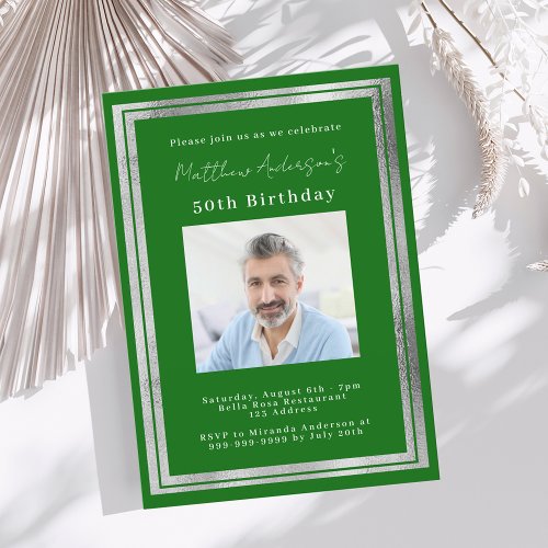 Green silver photo birthday invitation