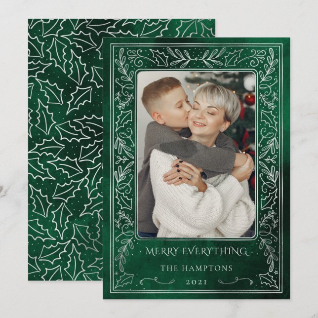 Green Silver Pine Holly Berry Photo Holiday Card (Front/Back)