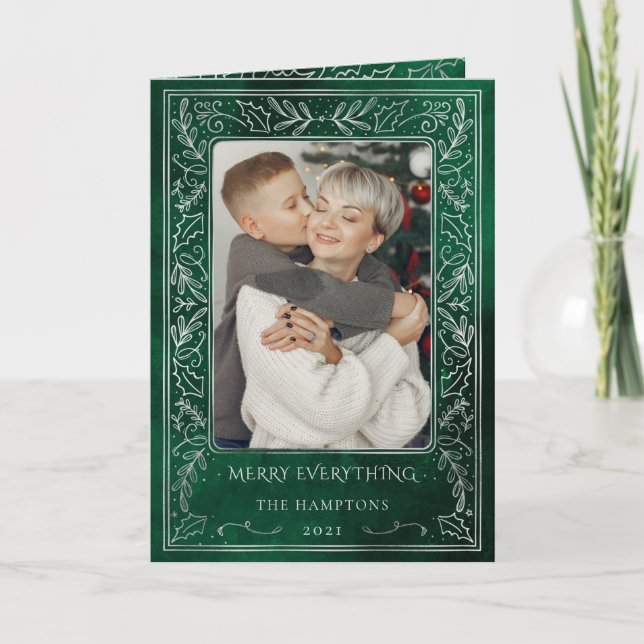 Green Silver Pine Holly Berry Photo Holiday Card (Front)