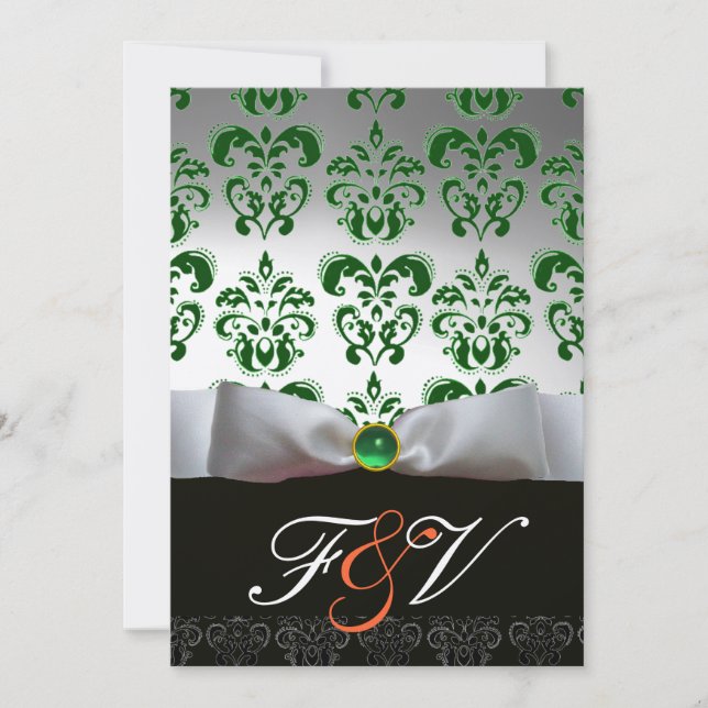 GREEN SILVER RIBBON & BLACK DAMASK MONOGRAM Orange Invitation (Front)
