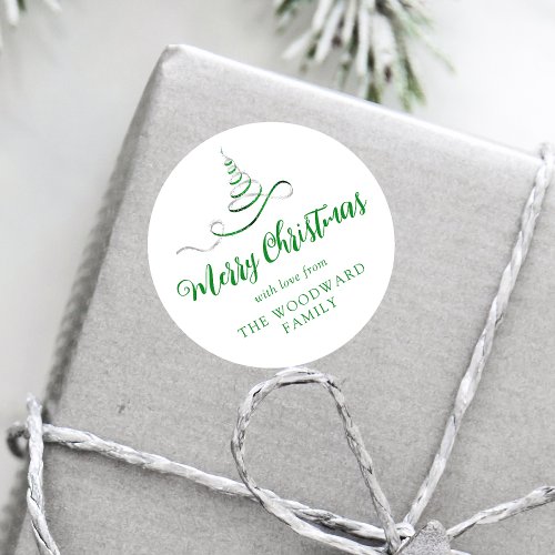 Green Silver Ribbon Tree Merry Christmas Script Classic Round Sticker