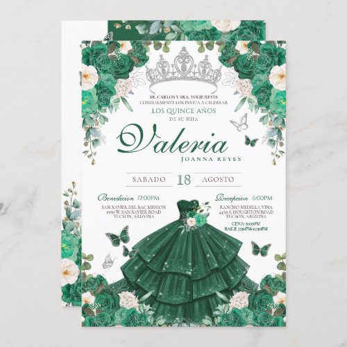 Green Silver Roses Elegant Princess Quinceanera Invitation