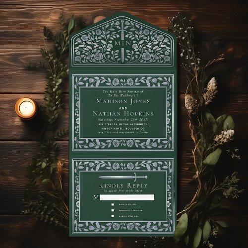 Green Silver Royal Medieval Sword Wedding  All In One Invitation