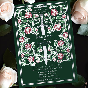 Green Silver Royal Sword Medieval Fantasy Wedding  Foil Invitation