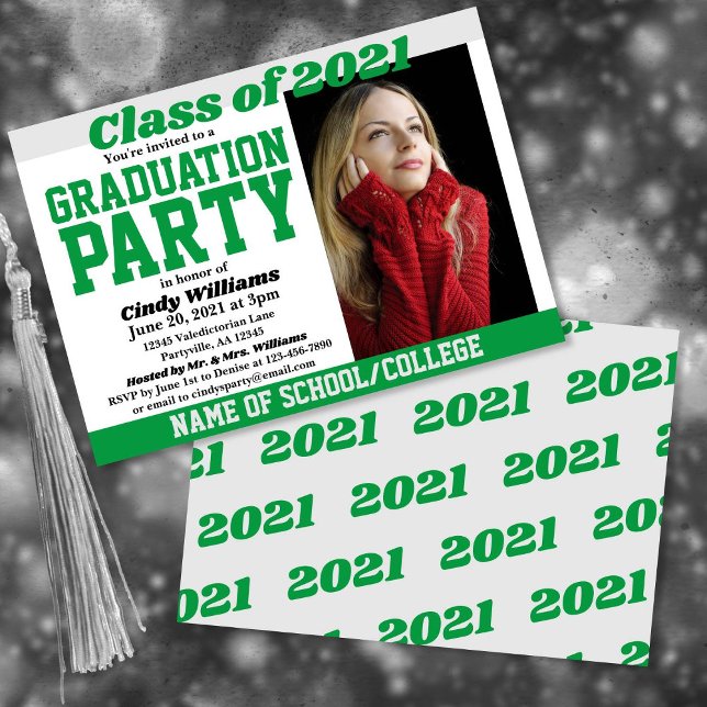 Green Silver School Colors Photo Graduation Invitation (Creator Uploaded)