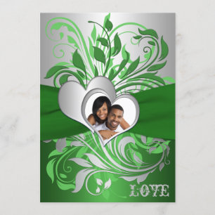 Green, Silver Scrolls, Hearts Photo Wedding Invite
