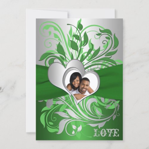 Green Silver Scrolls Hearts Photo Wedding Invite