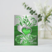 Green, Silver Scrolls, Hearts RSVP Card (Standing Front)