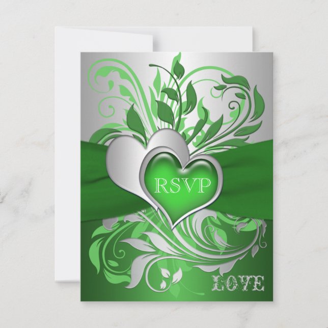 Green, Silver Scrolls, Hearts RSVP Card (Front)