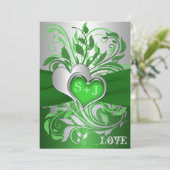 Green, Silver Scrolls, Hearts Wedding Invitation (Standing Front)