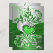 Green, Silver Scrolls, Hearts Wedding Invitation (Front/Back)