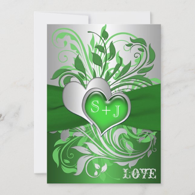 Green, Silver Scrolls, Hearts Wedding Invitation (Front)