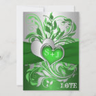 Green, Silver Scrolls, Hearts Wedding Invitation