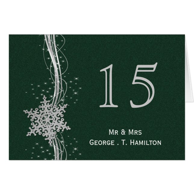 green Silver Snowflakes wedding table numbers (Front Horizontal)