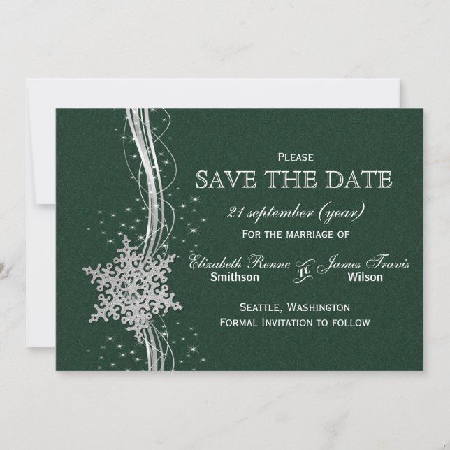 green Silver Snowflakes Winter  save the date (Front)