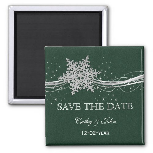 green Silver Snowflakes Winter save the Date Magnet