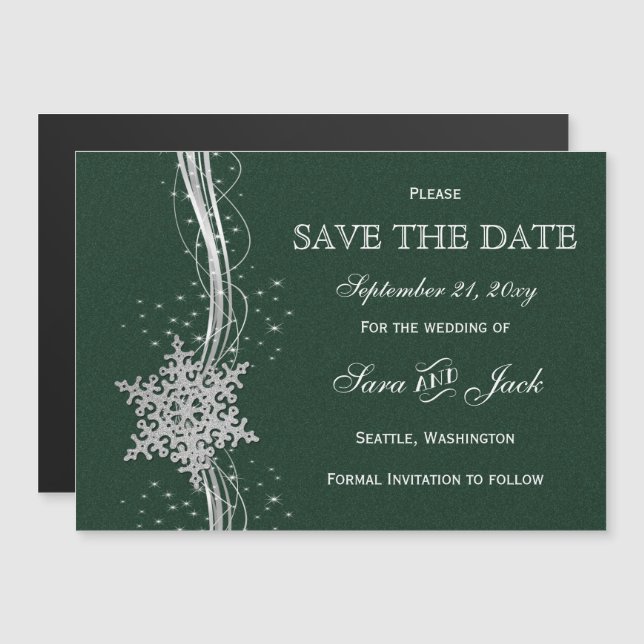 green Silver Snowflakes Winter save the date Magnetic Invitation (Front/Back)