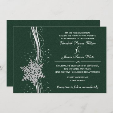 green Silver Snowflakes Winter wedding invitations