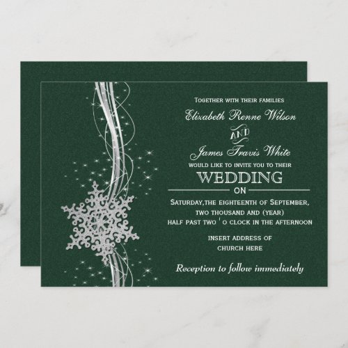 green Silver Snowflakes Winter wedding invitations