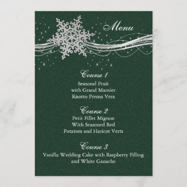 green Silver Snowflakes Winter wedding menu cards
