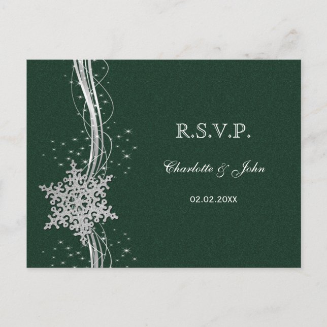 green Silver Snowflakes Winter wedding RSVP Invitation Postcard (Front)