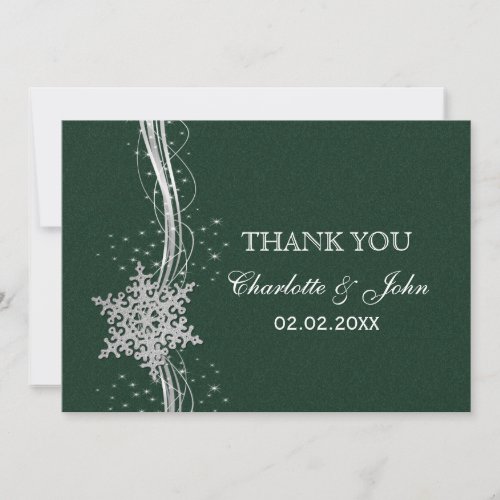 green Silver Snowflakes Winter  wedding Thank You Invitation