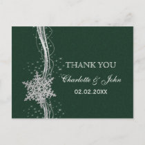 green Silver Snowflakes Winter wedding Thank You Postcard