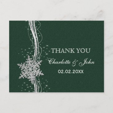 green Silver Snowflakes Winter wedding Thank You Postcard