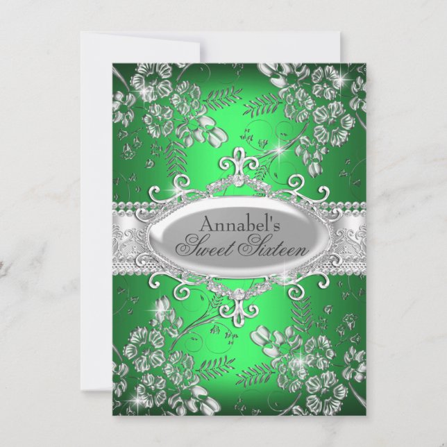 Green Silver Sparkle Flower Sweet 16 Invite (Front)