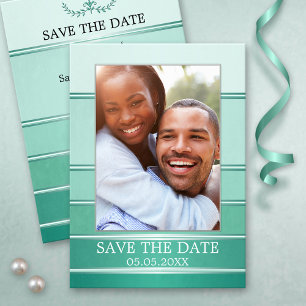 Green Silver Striped Photo Save the Date Card