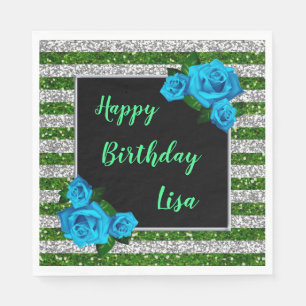 Green Silver Stripes Glitter Blue Roses Birthday Napkins