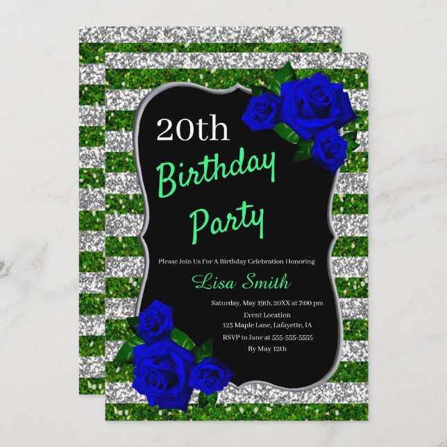 Green Silver Stripes Glitter Deep Blue Roses Invitation (Front/Back)