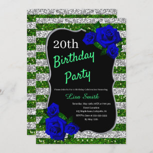 Green Silver Stripes Glitter Deep Blue Roses Invitation