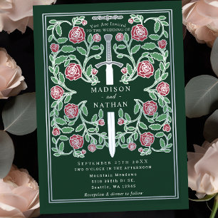 Green Silver Sword Floral Medieval Fantasy Wedding Invitation