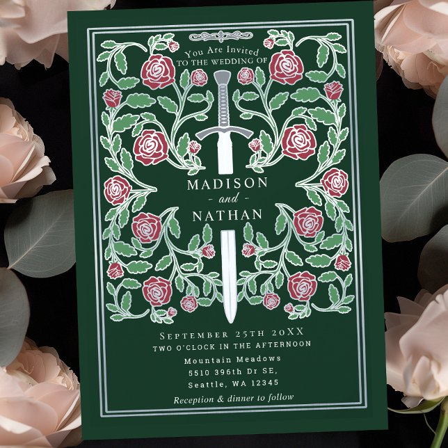 Green Silver Sword Floral Medieval Fantasy Wedding Invitation (Creator Uploaded)