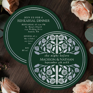 Green Silver Sword Royal Wedding Rehearsal Invitation