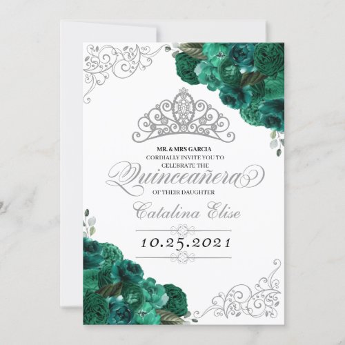 Green Silver Tiara Mis Quince Floral Birthday Invitation