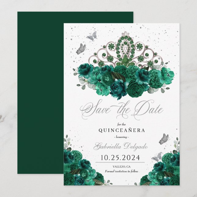 Green & Silver Tiara Save The Date Quinceañera Invitation (Front/Back)