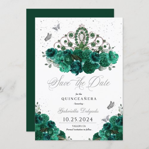 Green  Silver Tiara Save The Date Quinceaera Invitation