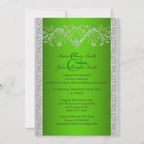 Green silver wedding anniversary floral invitation