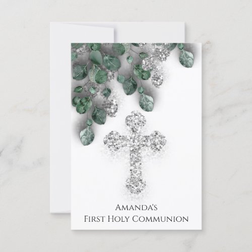 Green Silver White First Holy Communion Cross Invitation